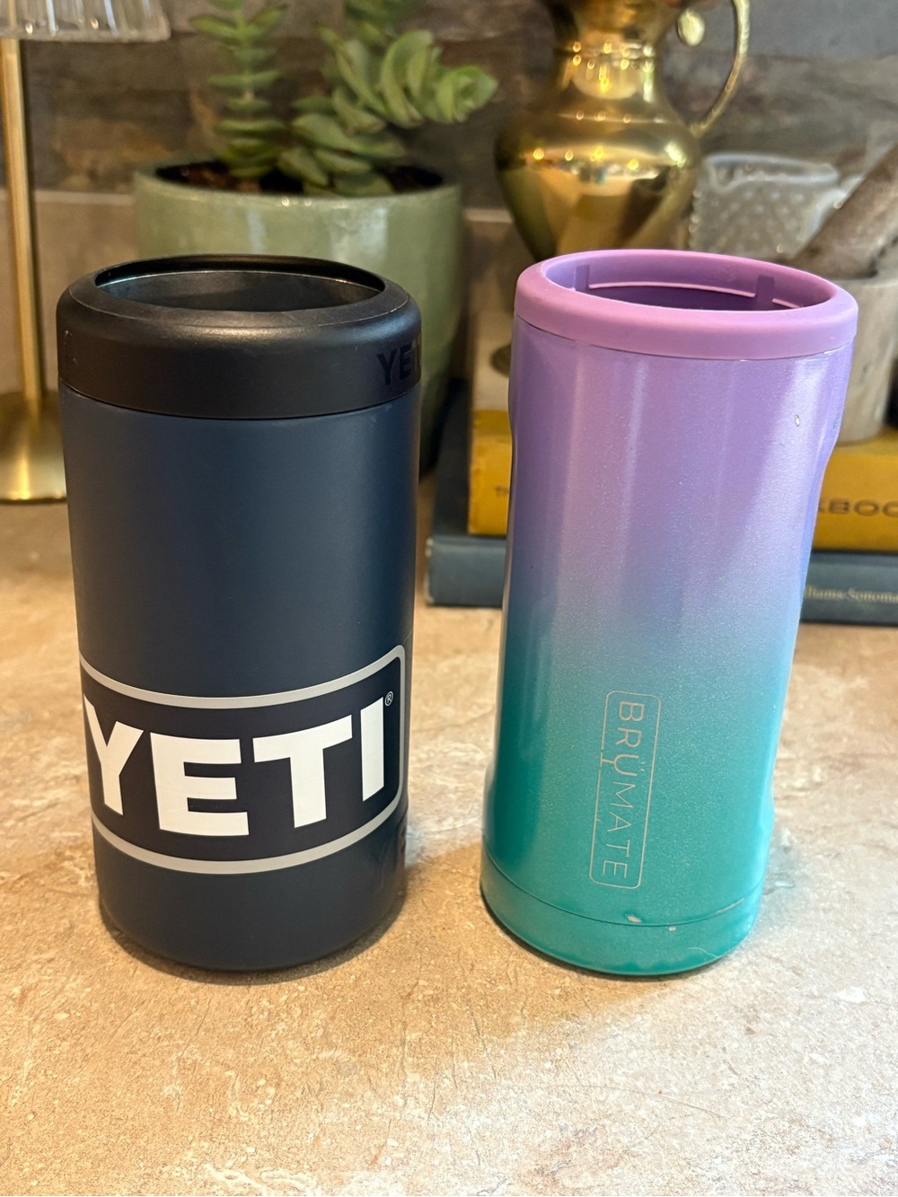 YETI Navy Can Insulator & BRUMATE Ombre Teal-Purple Can Cooler Duo